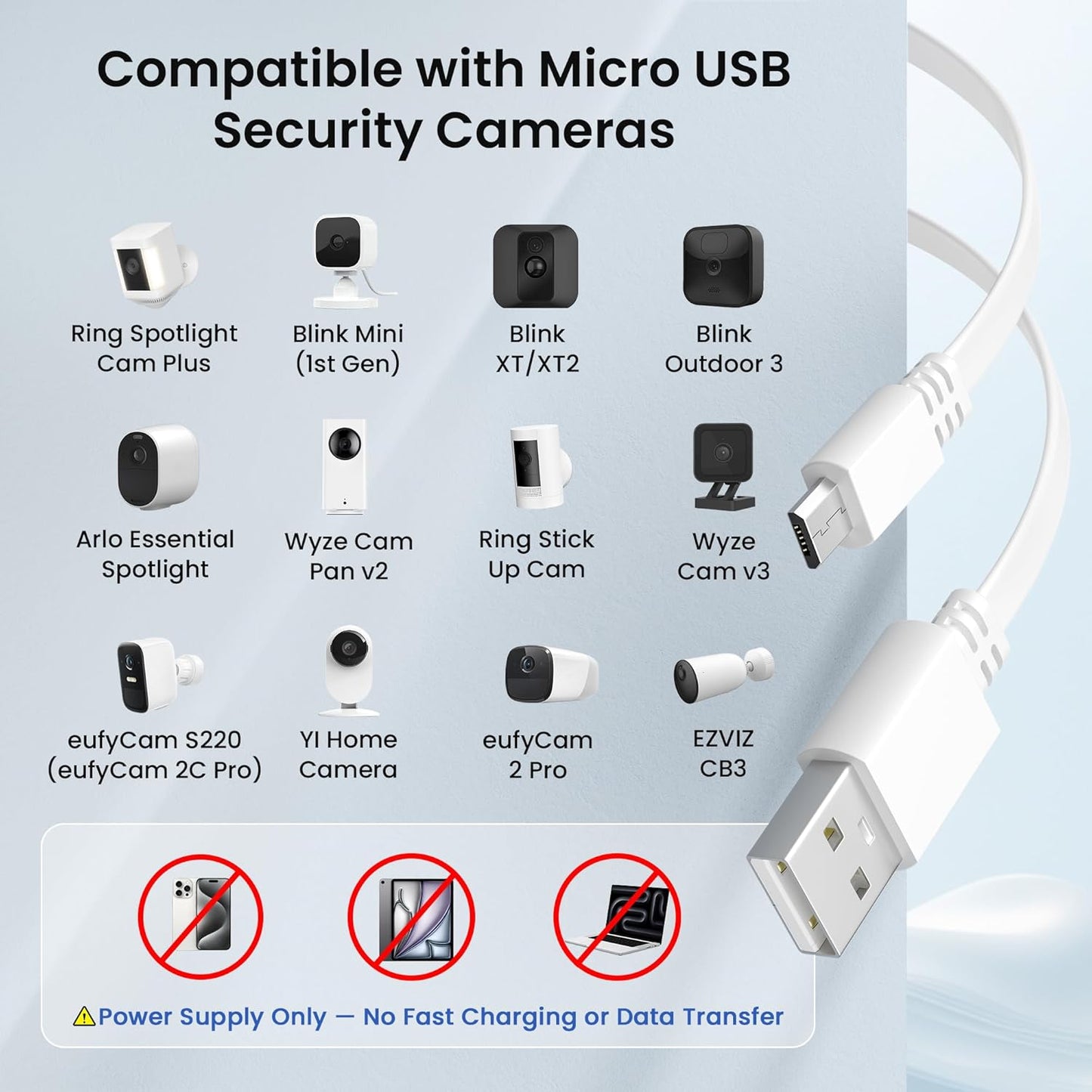 Micro USB Extension Cable 20FT 2Pack,Flat USB to Micro Long Charging Power Extender Cord Wire Replacement for Security Camera,Blink Mini/Xt2/Outdoor 3,Wyze Cam V4/Og,Eufy,Ring Spotlight Plus