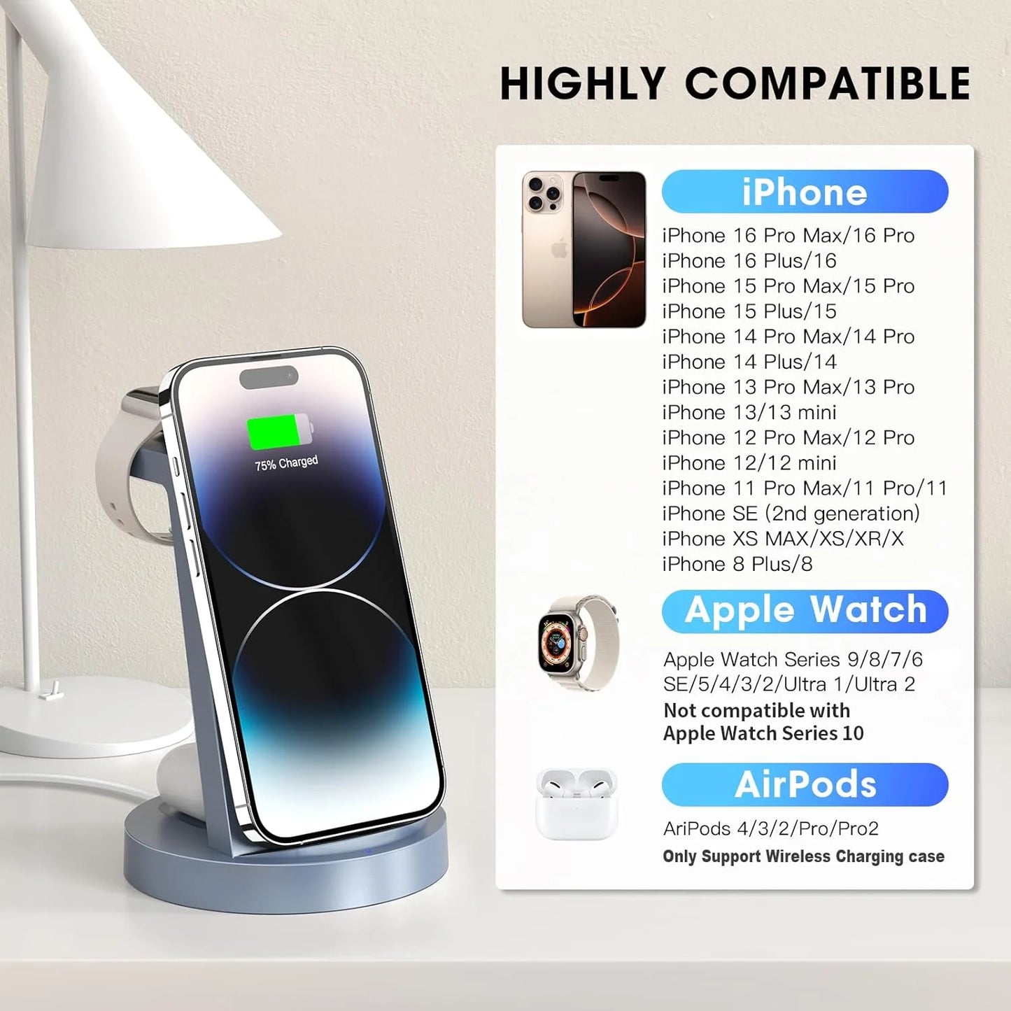 18W Wireless Charger for Iphone - 3 in 1 Charging Station Compatible with Iphone 17/16E/16/15/14/13/12 Pro Max, for Iwatch & Air Pods 4 3 Pro, Black