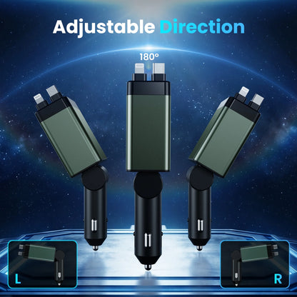 Retractable Car Charger Adapter, 150W Fast Charger for Car, 4 in 1 Car Phone Charger with Cables(2.6Ft), 180° Adjustable,Voltage Display-Green